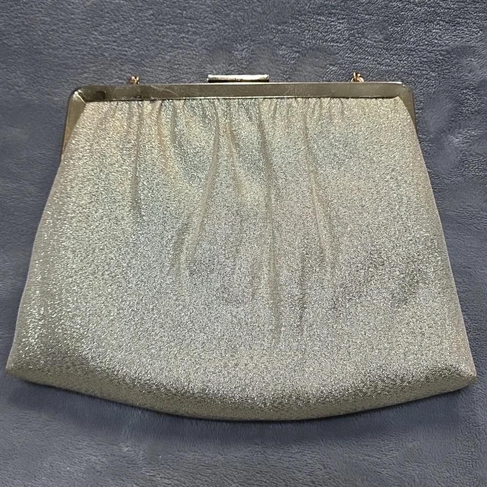 Vtg Ande 1960s Gold Lame Shimmer Clutch / Handbag Clip Clasp & Chain MCM‎ Glamor
